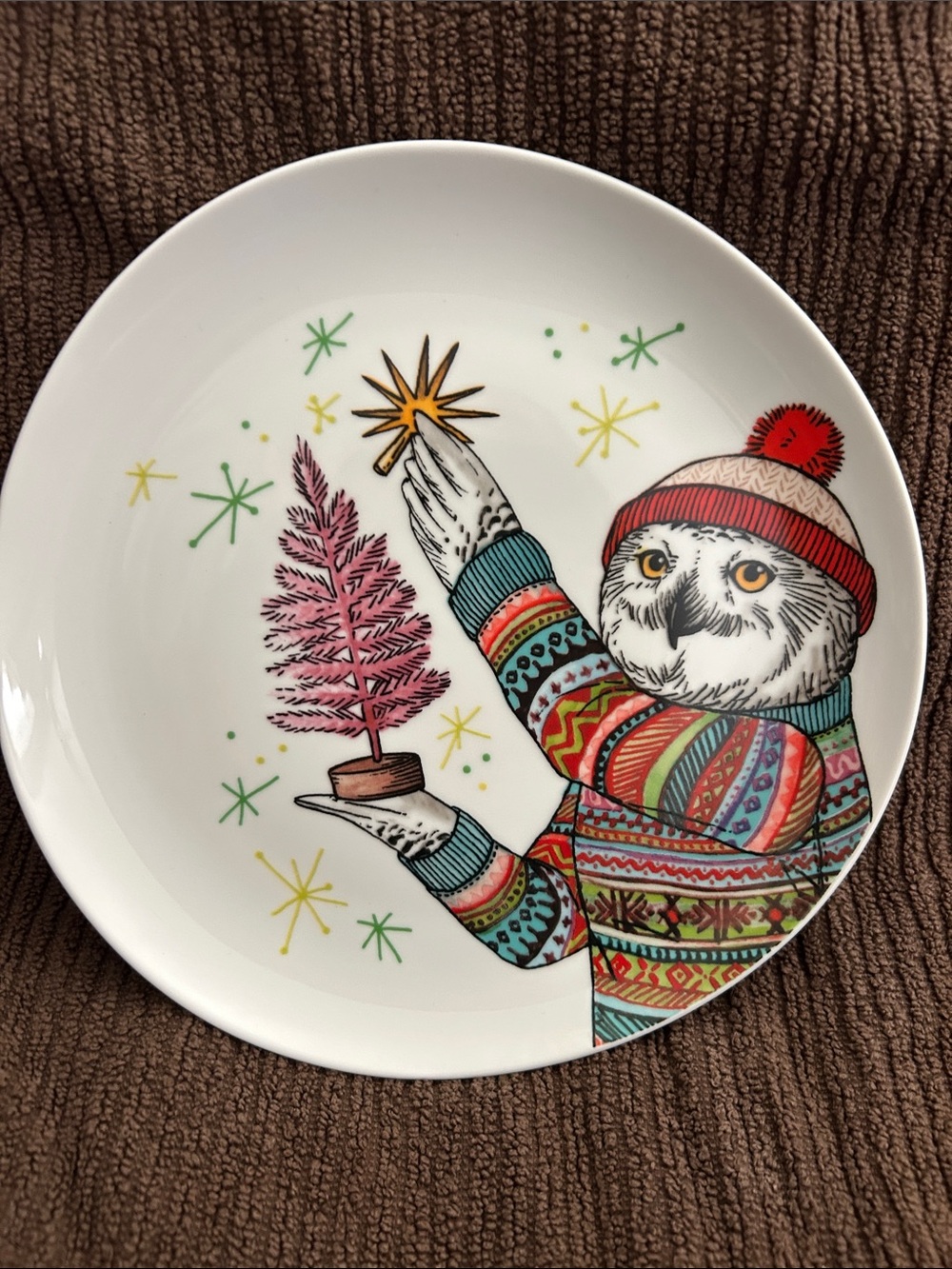 Holiday Owl Decorative Dinner Plate in White with Multicolor Design